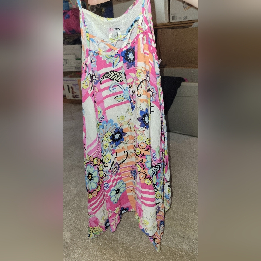 PINK ROCK youth size 8 Multi-color Floral handkerchief dress. Preowned